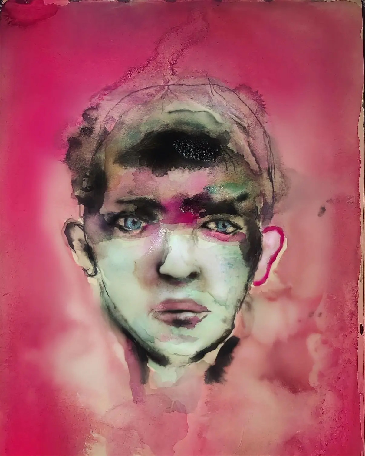 Watercolor portrait of a face on a vivid pink background