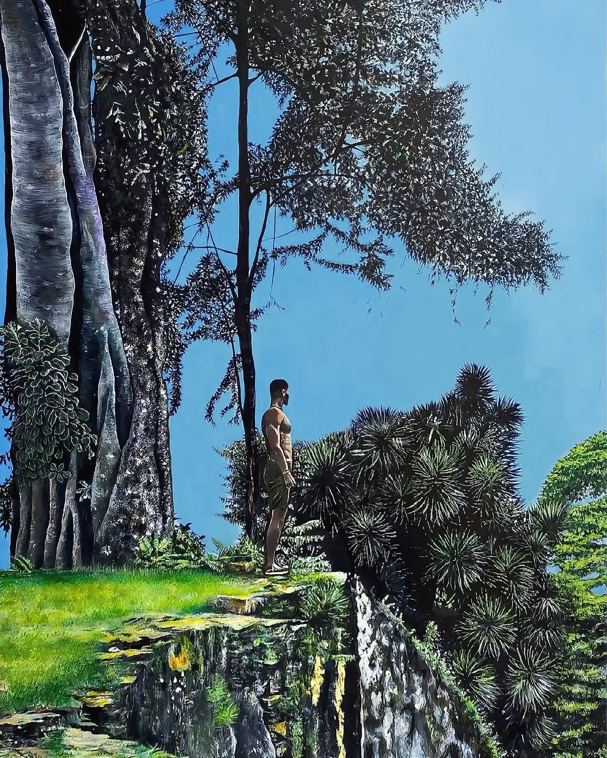 Acrylic painting of William Martin standing on a mossy cliff edge, surrounded by tall trees and lush foliage beneath a vivid blue sky