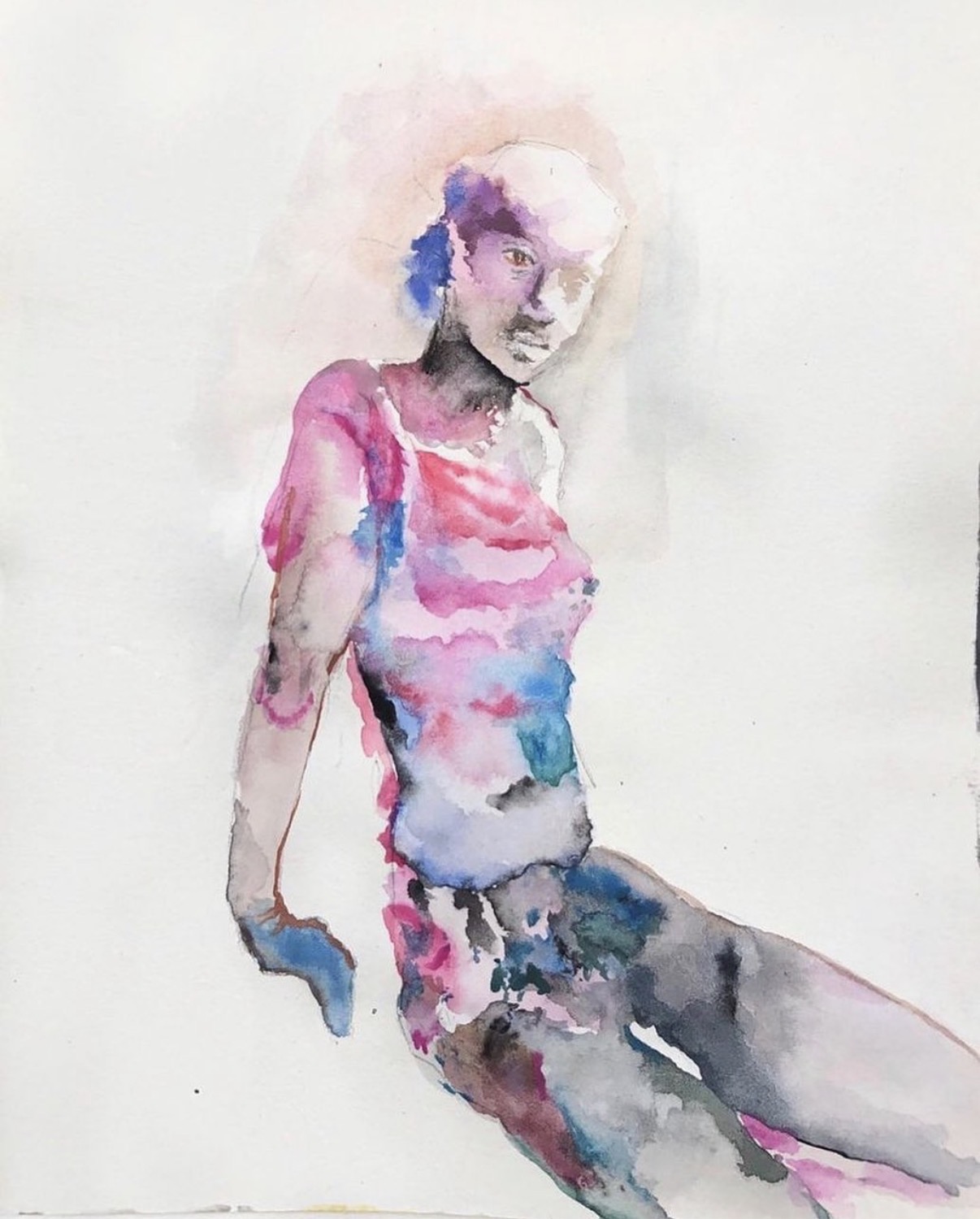 Watercolor of a seated figure in pink and blue washes
