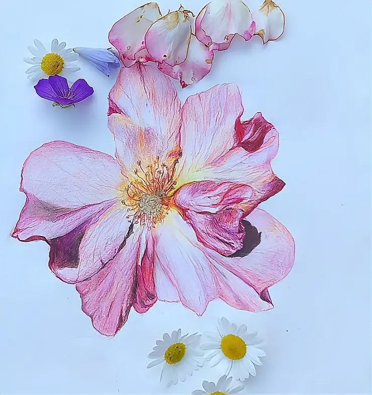 Colored pencil drawing of a pink flower with pressed daisies