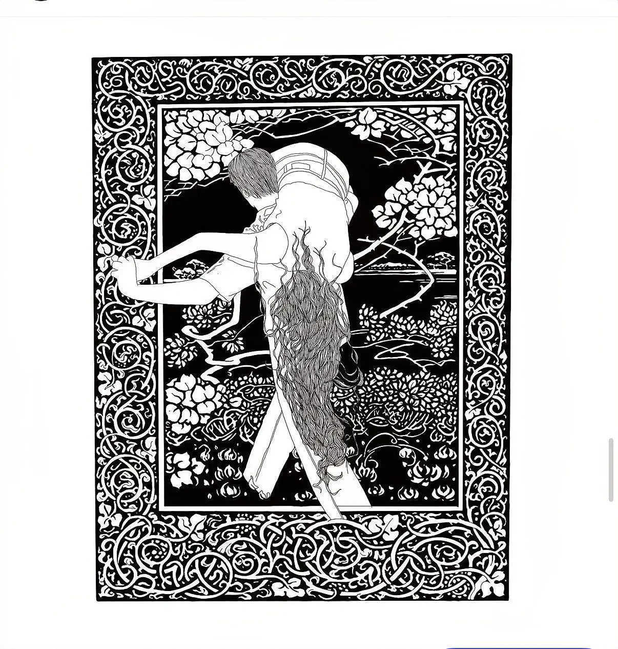 Black and white ornamental drawing of a couple
