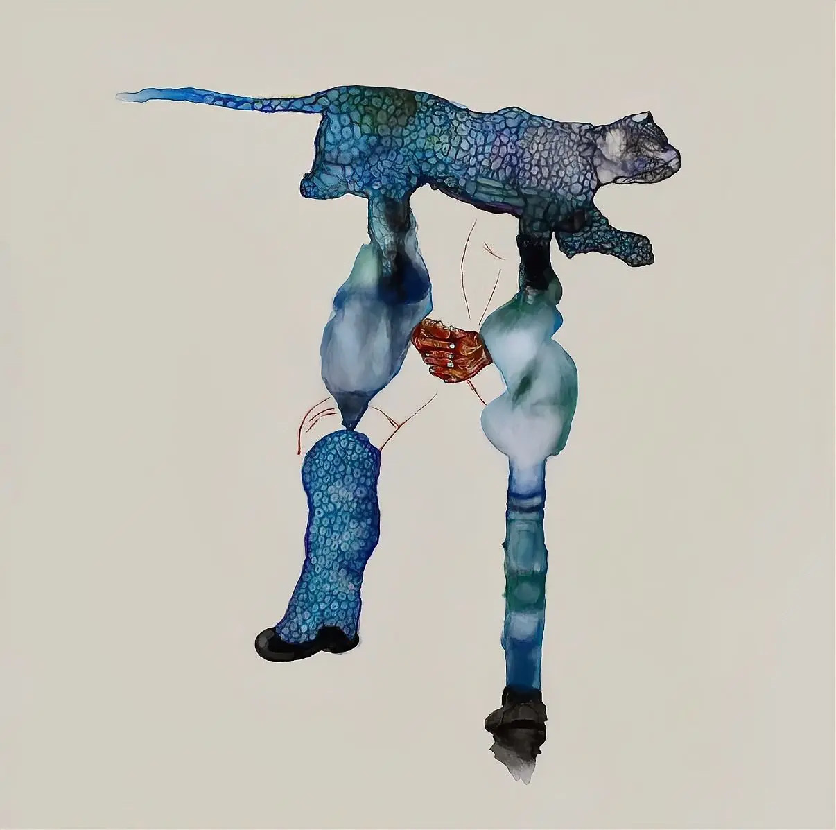 Watercolor of a blue leopard leaping over two figures
