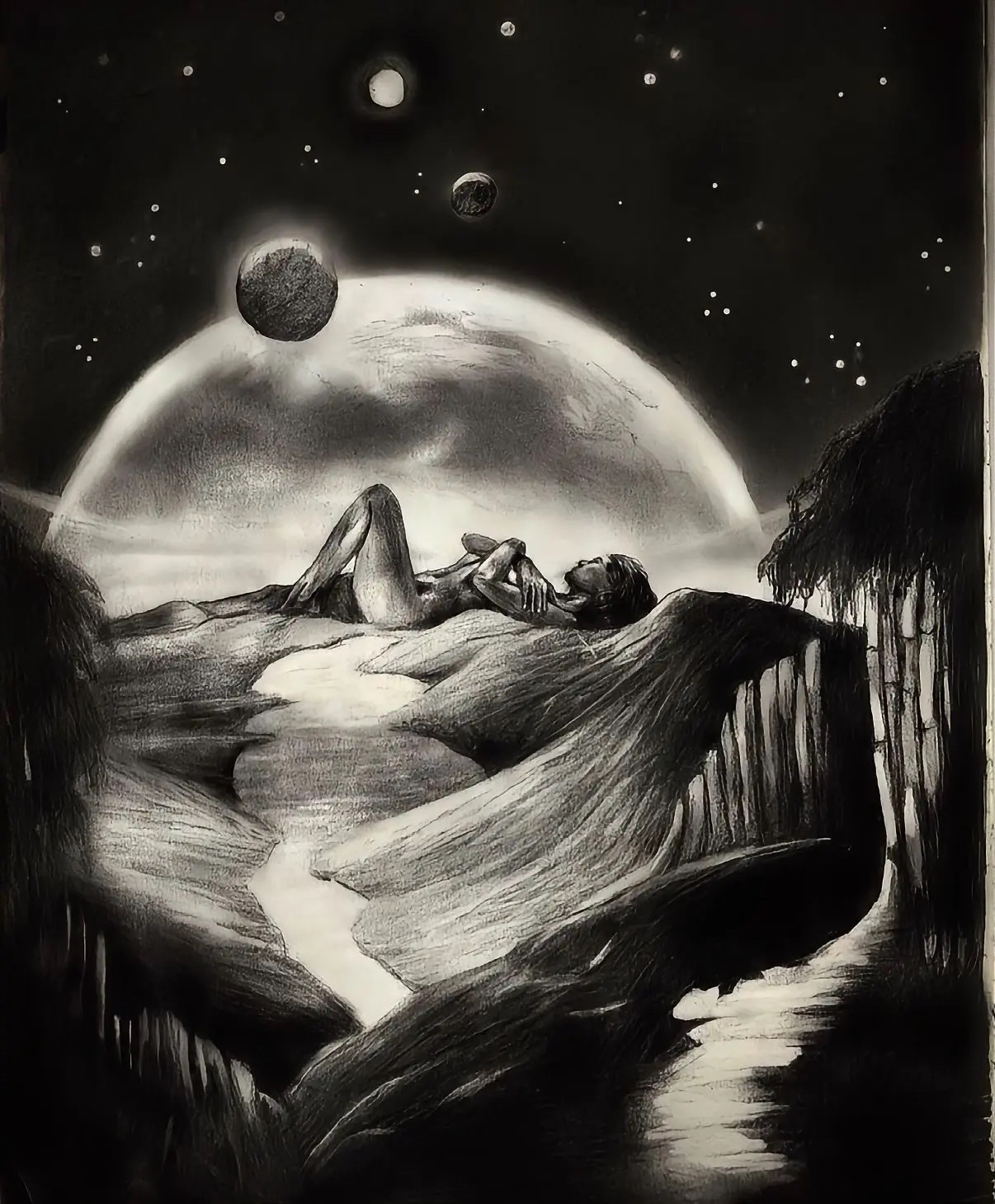 Charcoal drawing of a figure lying under moons and stars