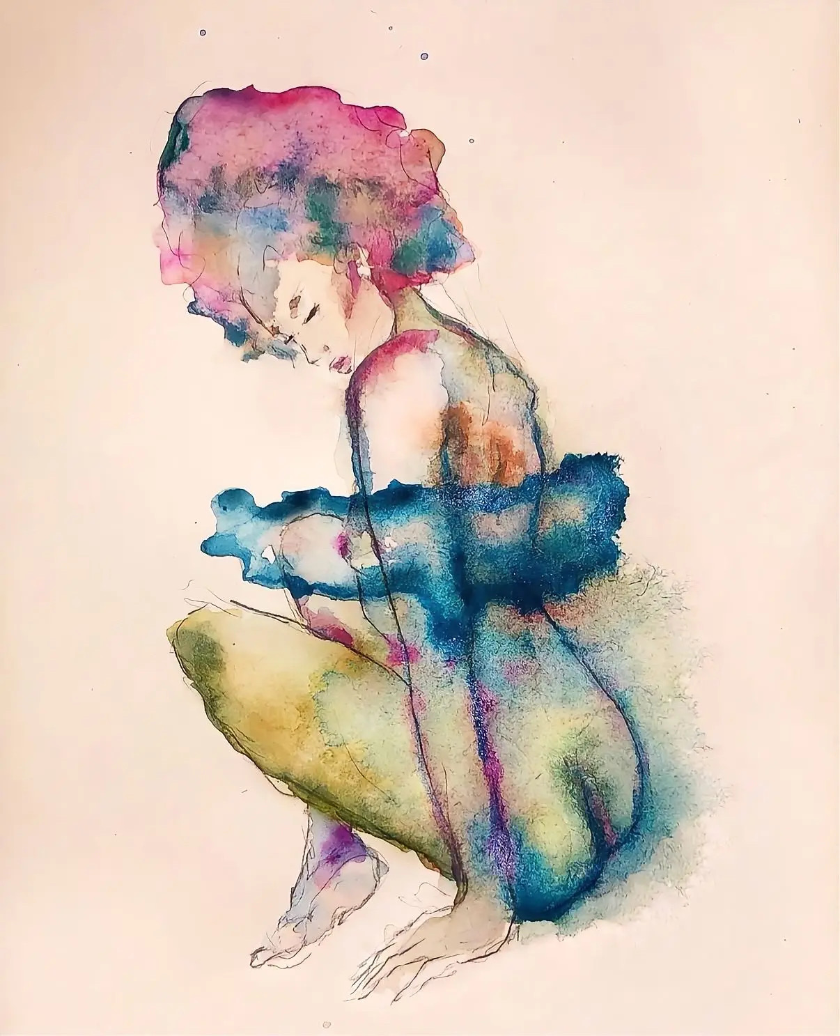 Watercolor of a kneeling figure with colorful hair