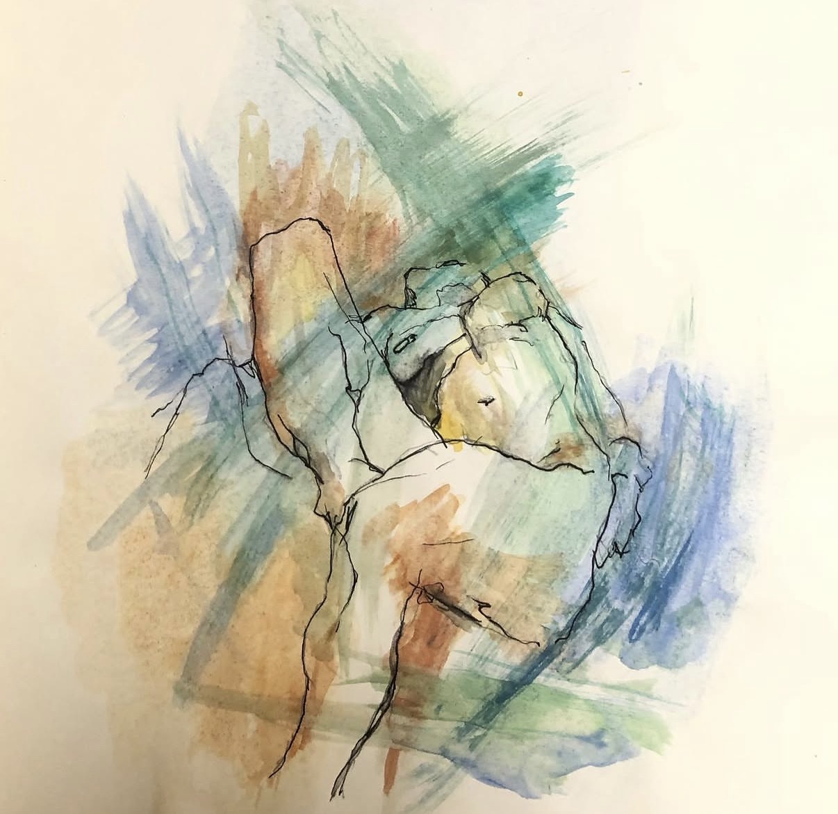 Abstract watercolor of a figure in green, blue and ochre brushstrokes