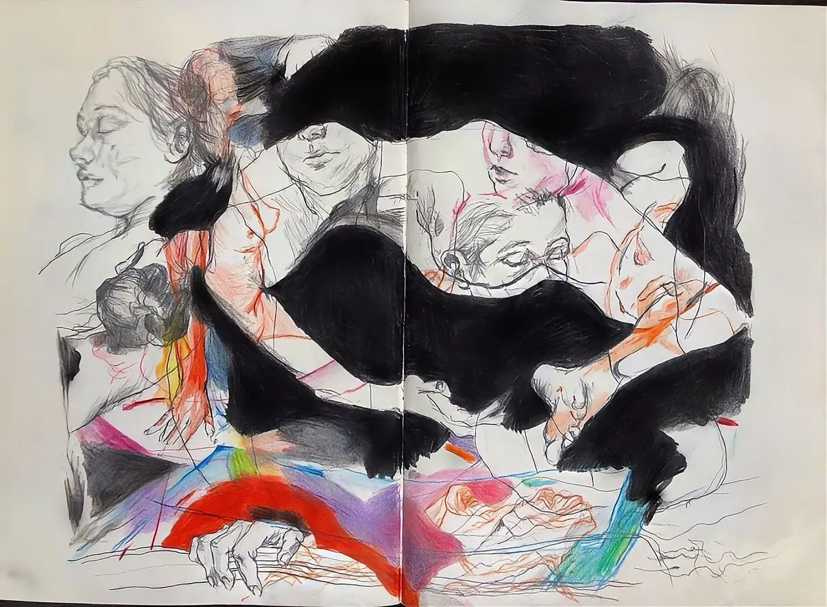 Layered sketchbook drawing of intertwined figures
