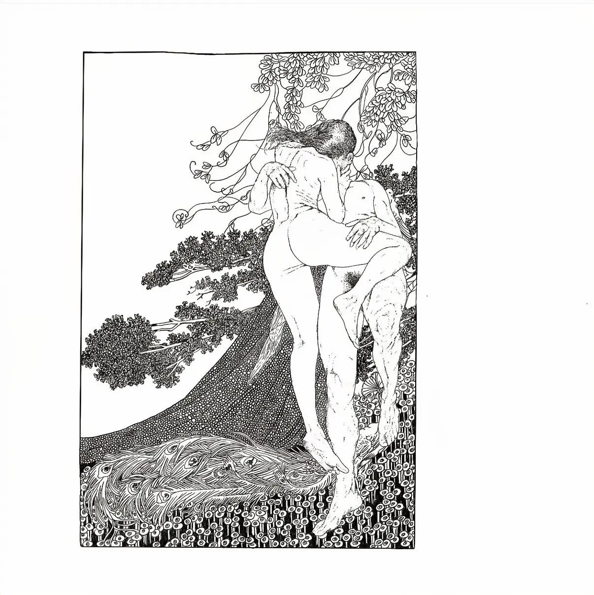 Line drawing of two figures embracing in a garden