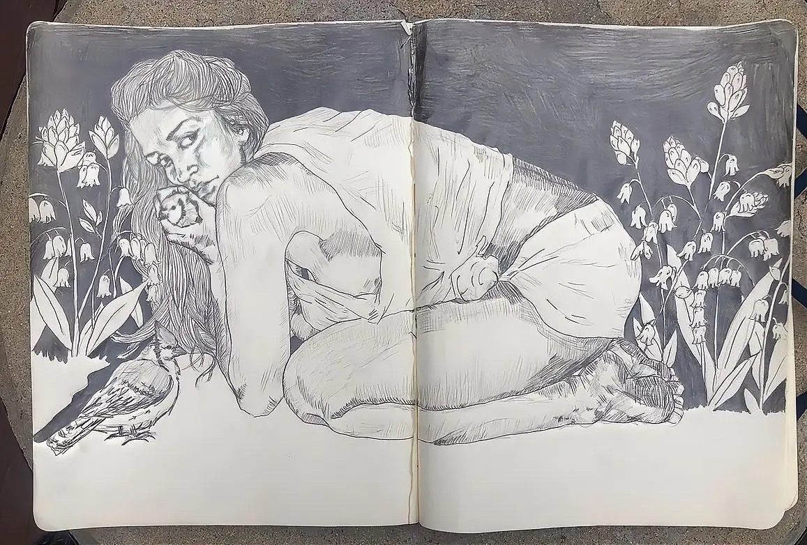 Pencil drawing of a seated figure among bluebells and a bird
