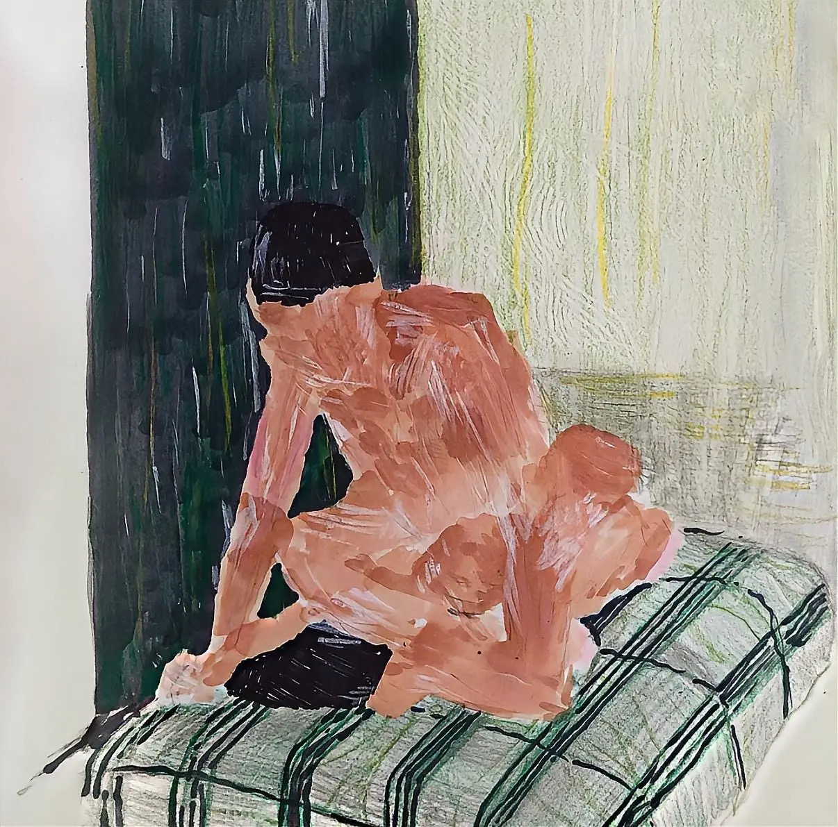Painted study of a seated figure on a plaid surface