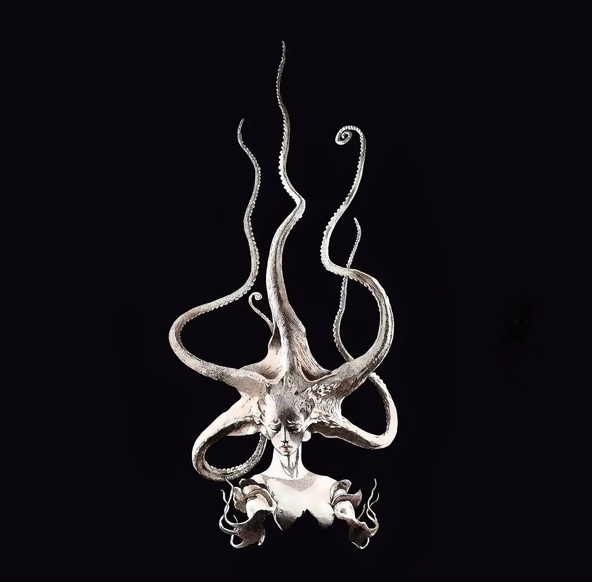 Digital artwork of a woman with flowing octopus tentacles growing from her head, rendered in luminous silver tones against deep black