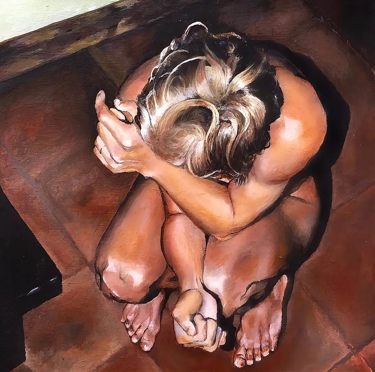 Acrylic painting of a woman curled inward on a warm terracotta floor, viewed from above