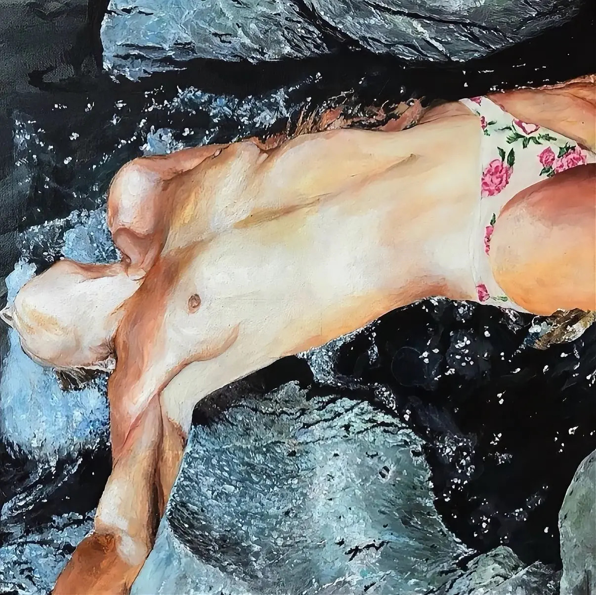 Acrylic painting of a woman resting on dark wet rocks in a floral bikini, seen from above